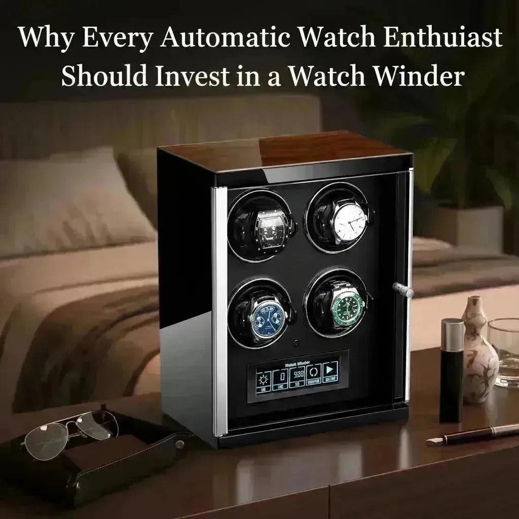 Elegant black and wood watch winder displaying four automatic watches with a digital control panel.