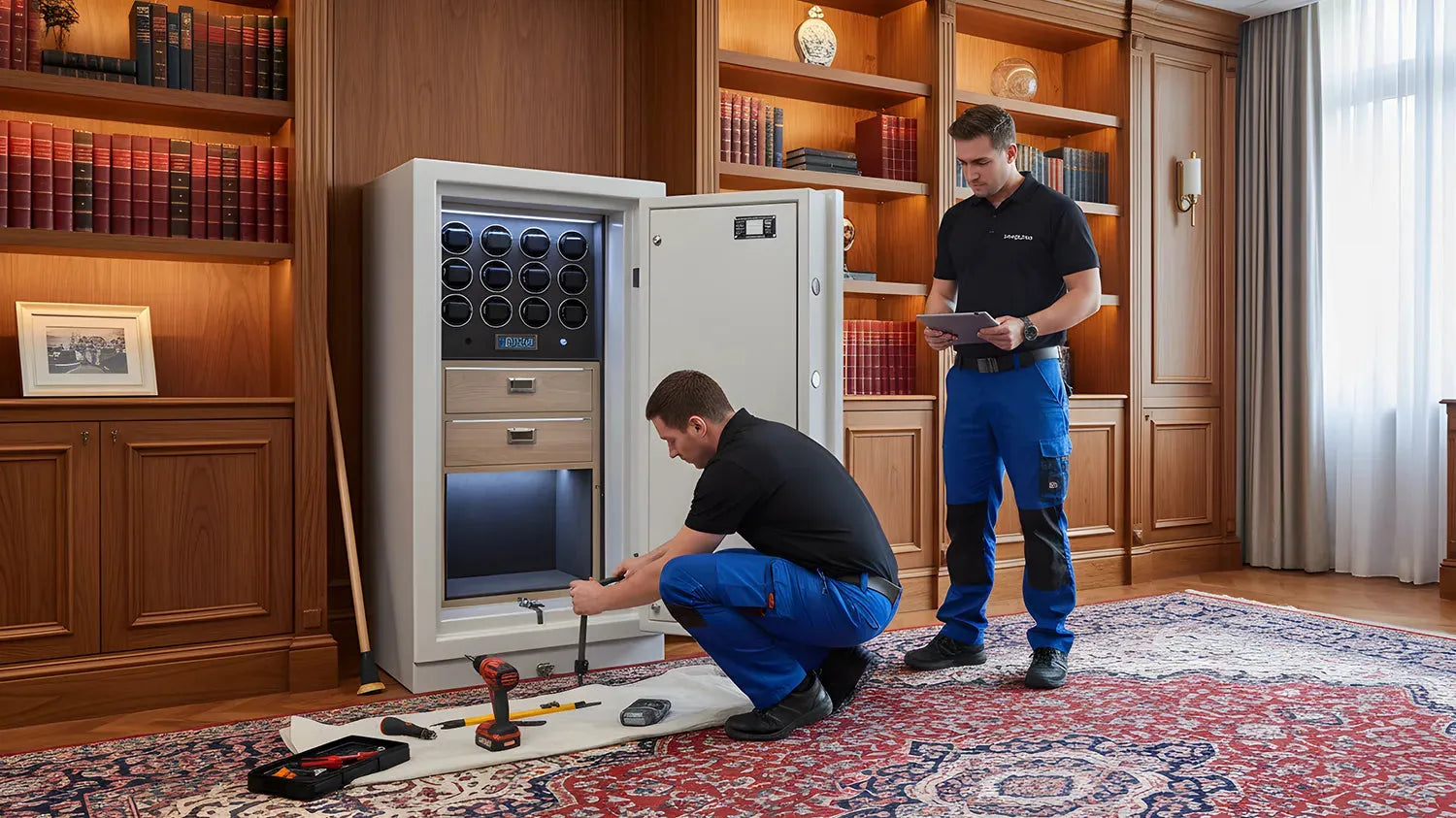 Two technicians installing a large, white insurance-approved watch winder safe in a luxurious wood-paneled room.