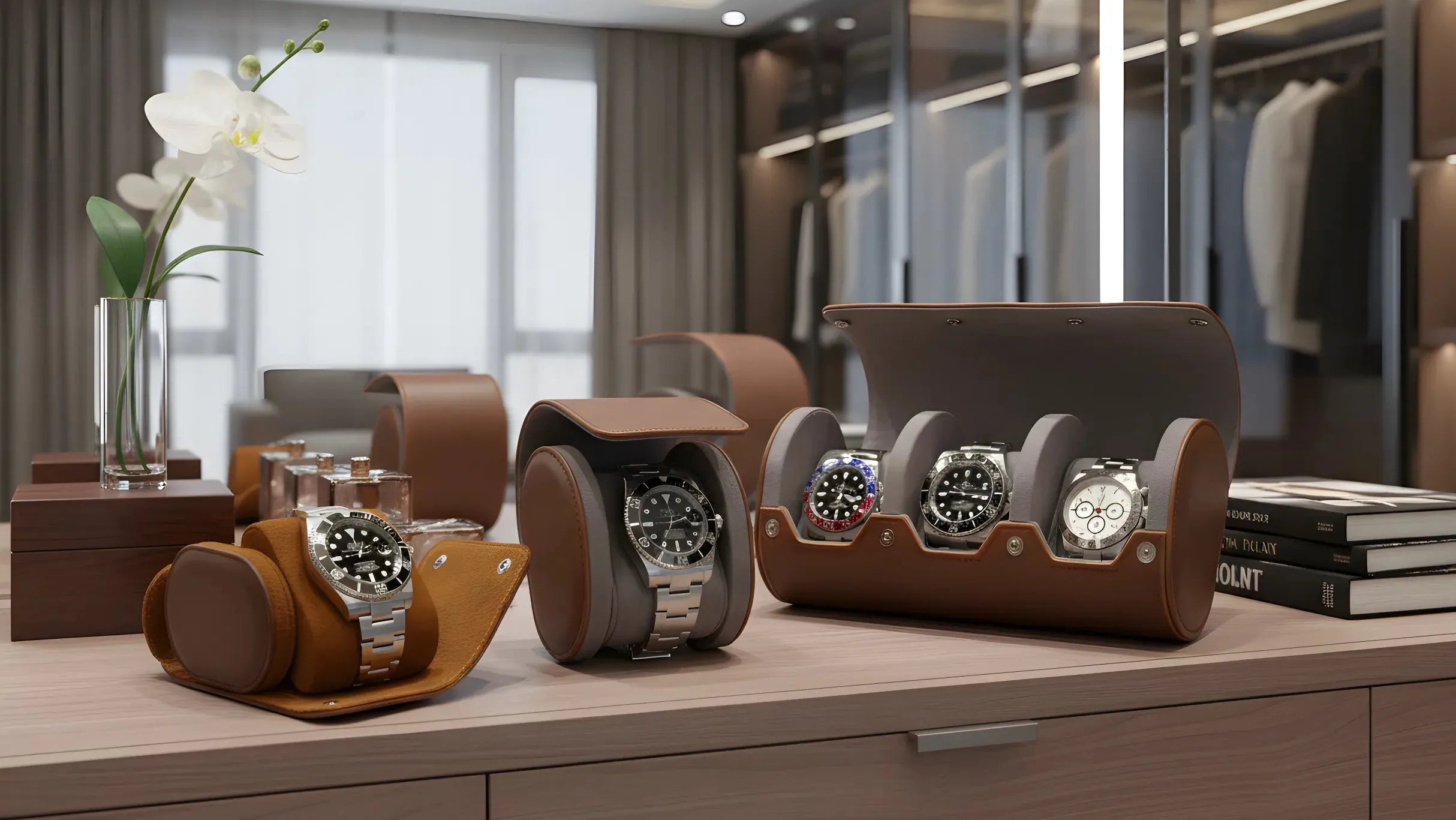 Elegant brown leather watch cases displaying luxury watches in a stylish room.