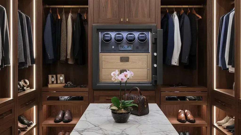 Elegant walk-in closet with a built-in luxury watch winder safe, rich wood, and sophisticated lighting.