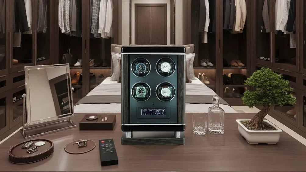 Elegant dark wood watch winder with four automatic watches in a luxurious walk-in closet.