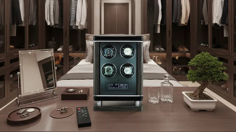 Elegant dark wood watch winder with four automatic watches in a luxurious walk-in closet.