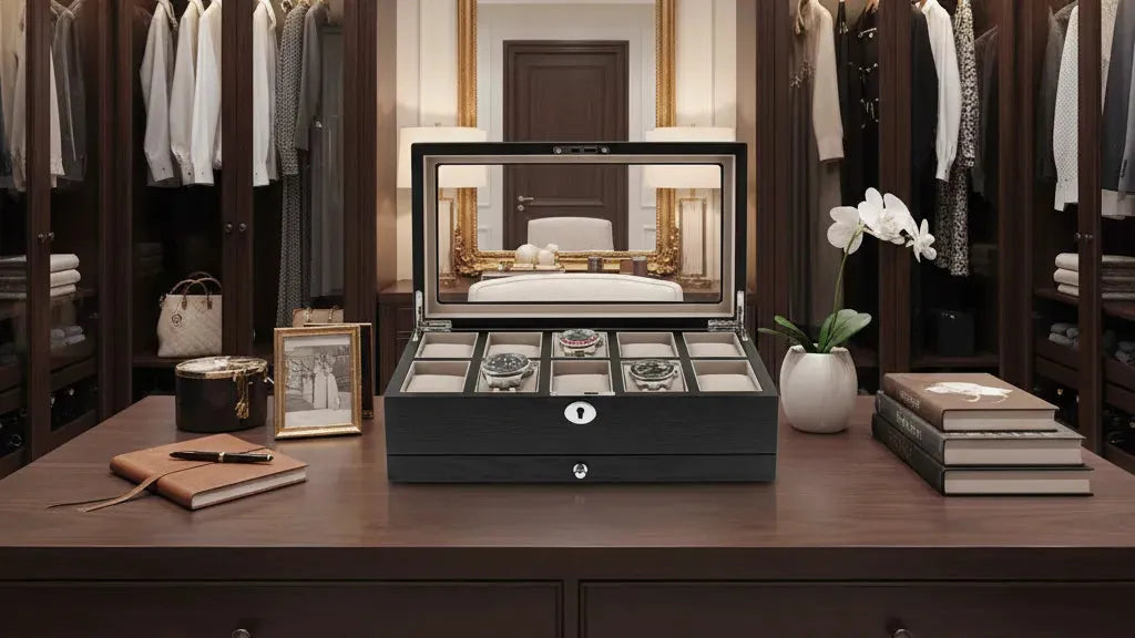 Elegant black wooden watch box with glass top, holding multiple watches, on a dark wood dresser in a luxurious walk-in closet.