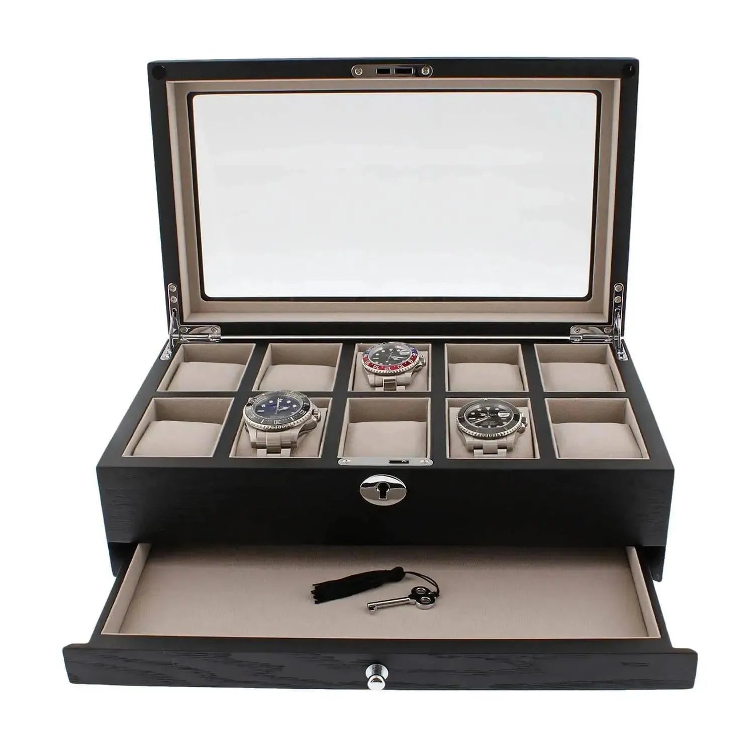 The Tempus Luxury Watch Winders 10 Watch Box in black oak veneer features a glass lid, separate compartments for watches, an empty grid, and an open storage drawer below with a key and black tassel for premium luxury watch storage.