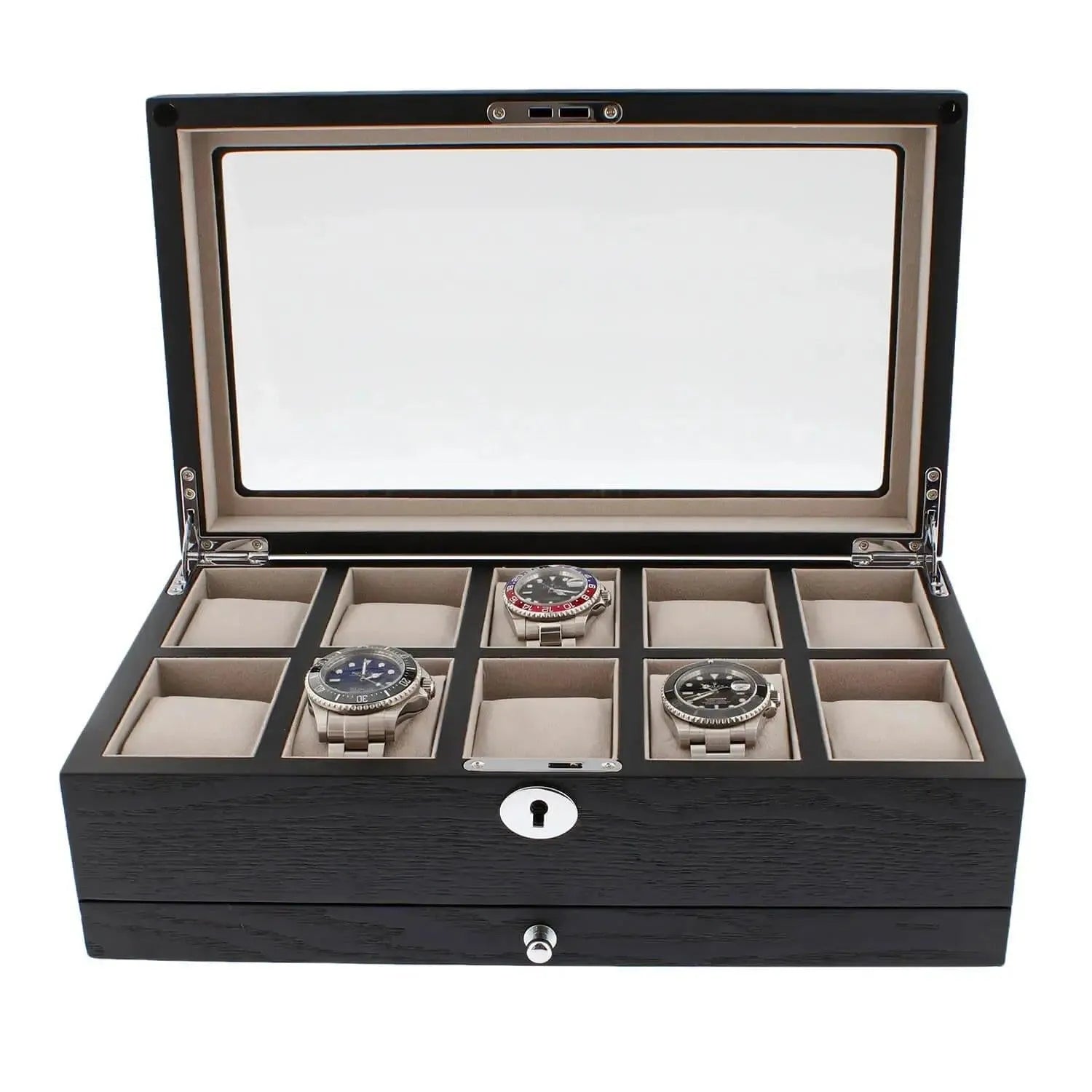 The Tempus Luxury Watch Winders 10 Watch Box in black oak veneer features a glass lid, beige cushions, individual compartments for up to ten watches, a front keyhole, and an extra storage drawer for premium organization.