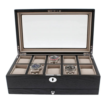 10 Watch Box Black Oak Veneer with Extra Storage Drawer Premium Quality
