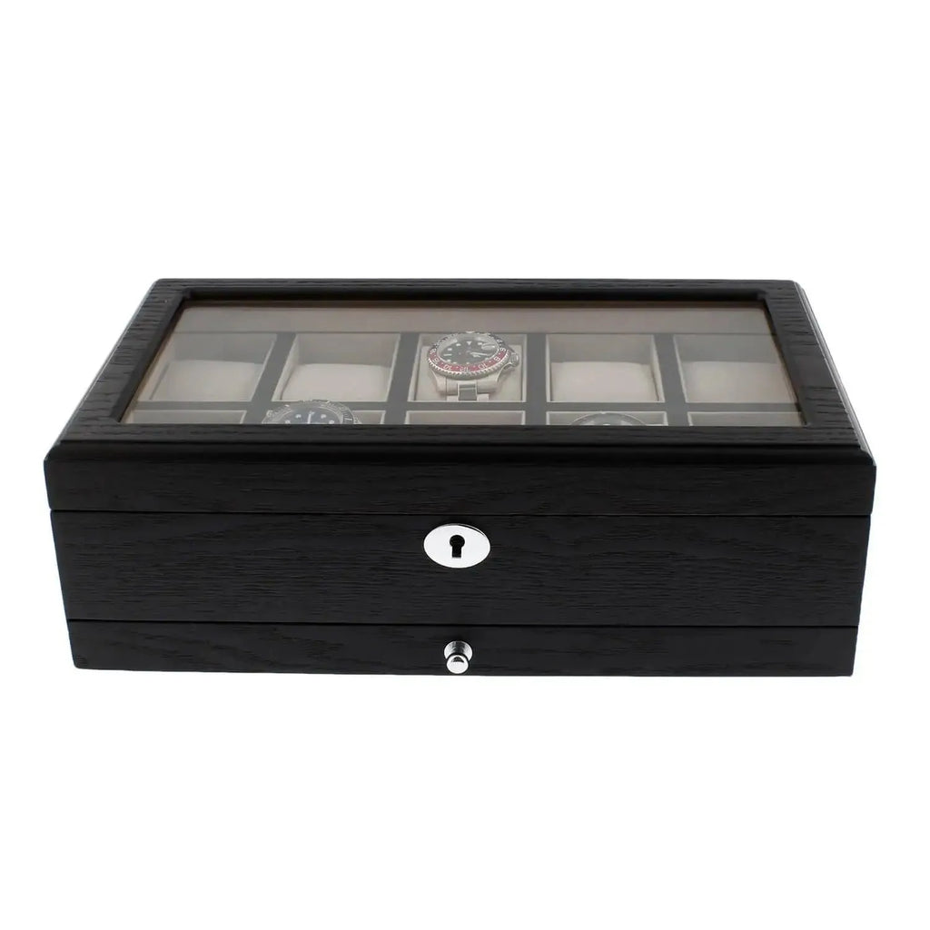 The Tempus Luxury Watch Winders 10 Watch Box in black oak veneer features a glass top, visible watch display, key lock, multiple compartments, and an extra storage drawer for premium-quality luxury watch storage.
