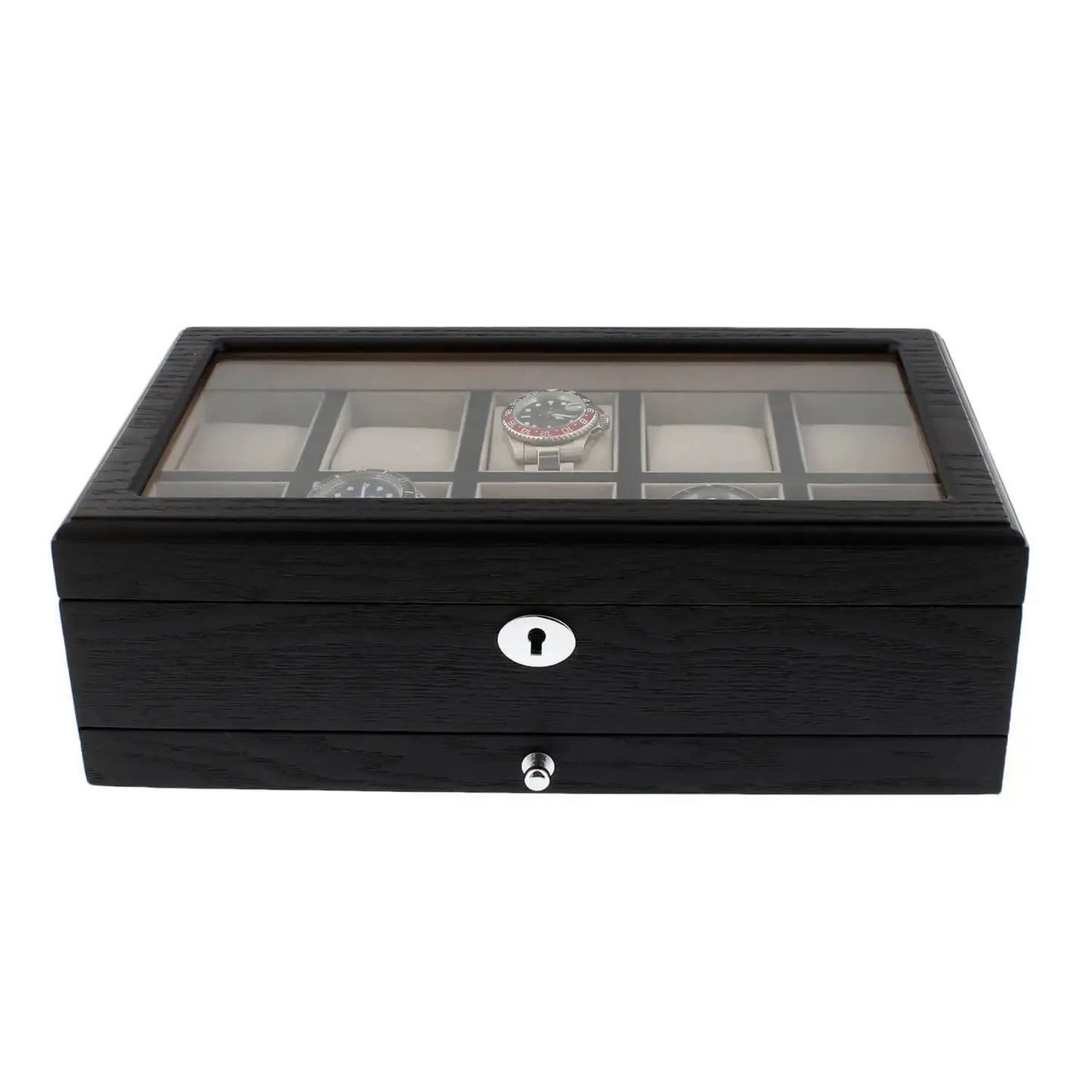 10 Watch Box Black Oak Veneer with Extra Storage Drawer Premium Quality