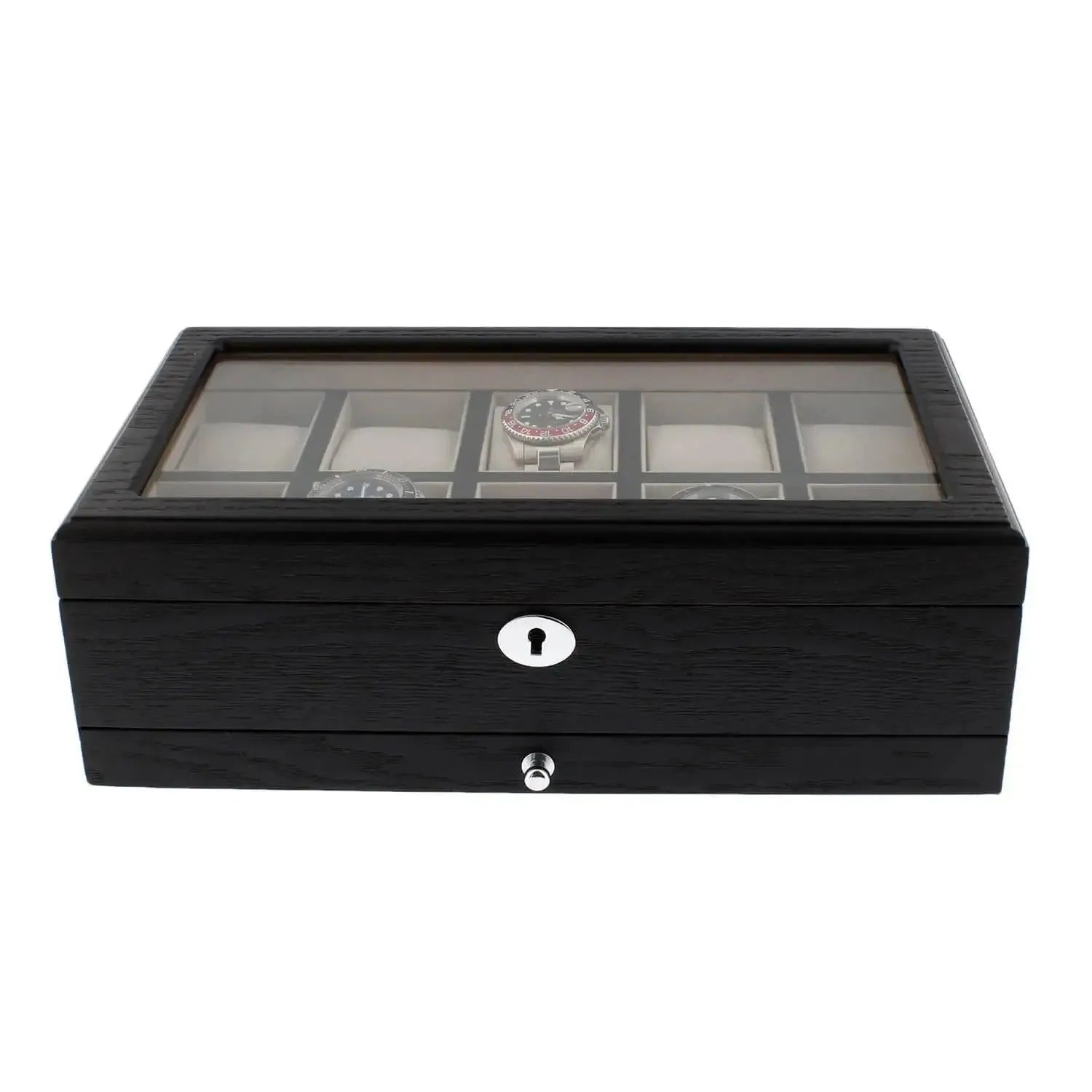 The Tempus Luxury Watch Winders 10 Watch Box in black oak veneer features a glass top, visible watch display, key lock, multiple compartments, and an extra storage drawer for premium-quality luxury watch storage.