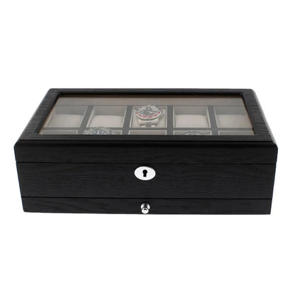 10 Watch Box Black Oak Veneer with Extra Storage Drawer Premium Quality