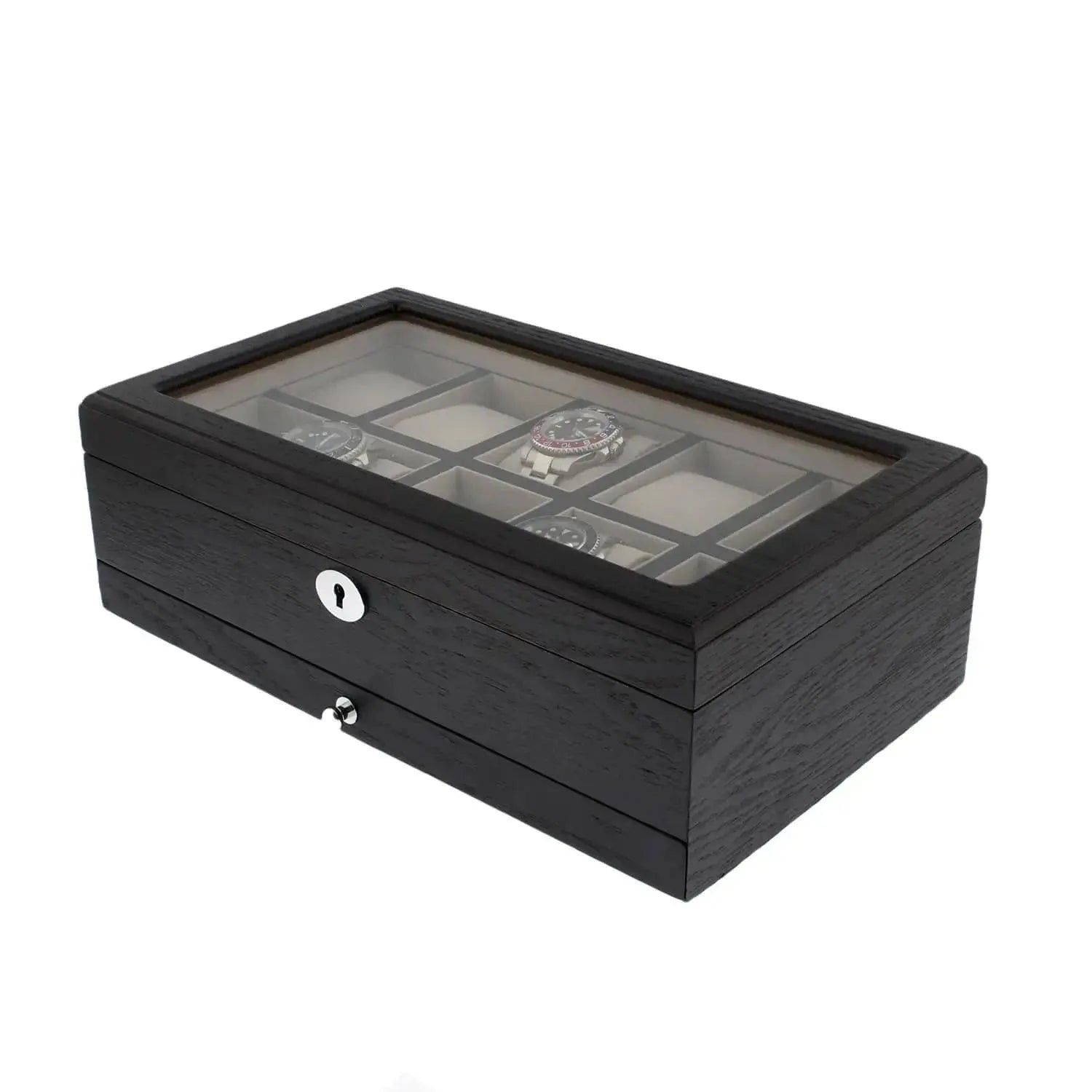 The Tempus Luxury Watch Winders 10 Watch Box in black oak veneer features a glass display lid, a silver lock, and an extra storage drawer—perfect premium-quality storage for your watch collection.