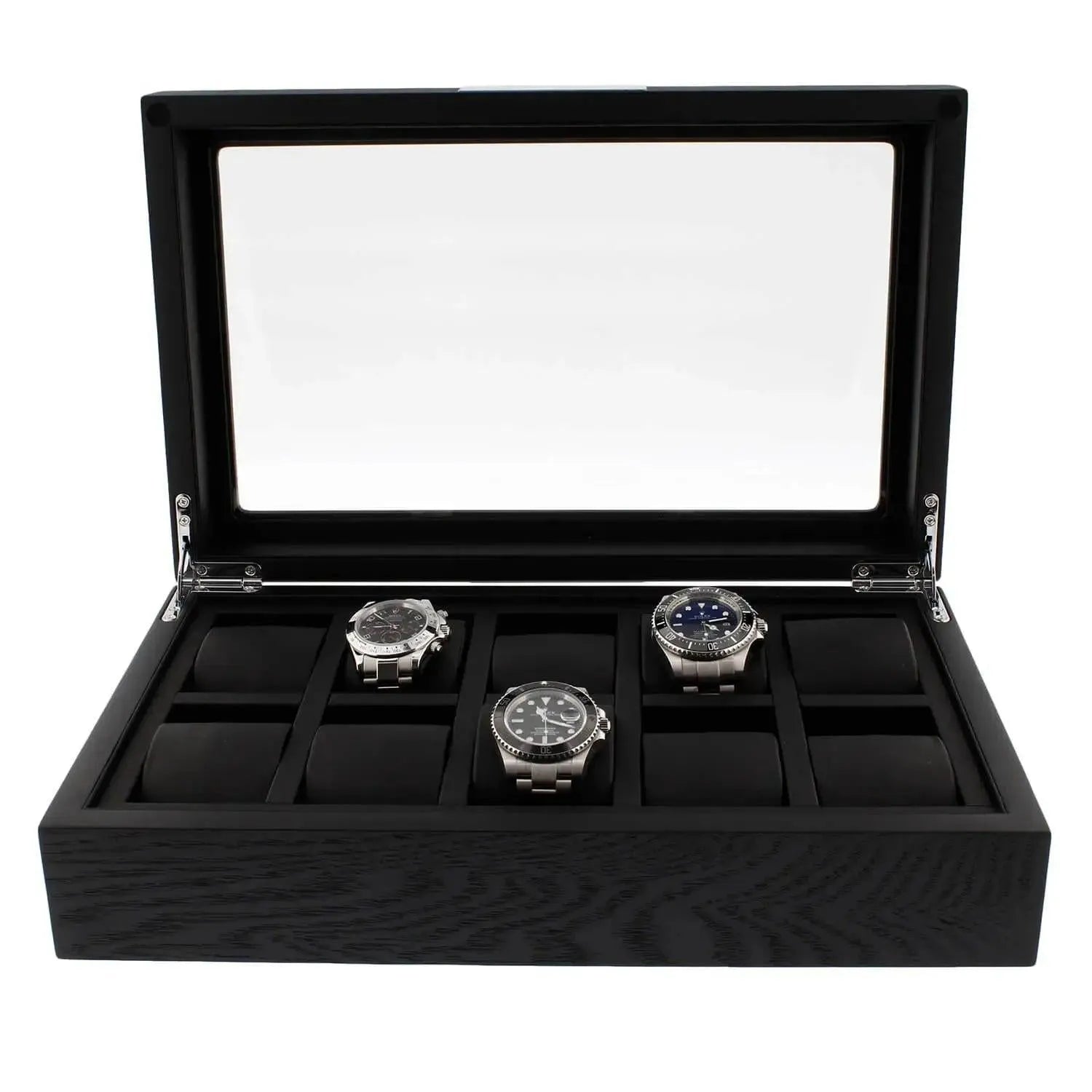 The Tempus Luxury Watch Winders 10 Watch Box Premium Black Oak Veneer features a glass lid, displays three silver watches in a row, and includes padded slots for up to ten timepieces.