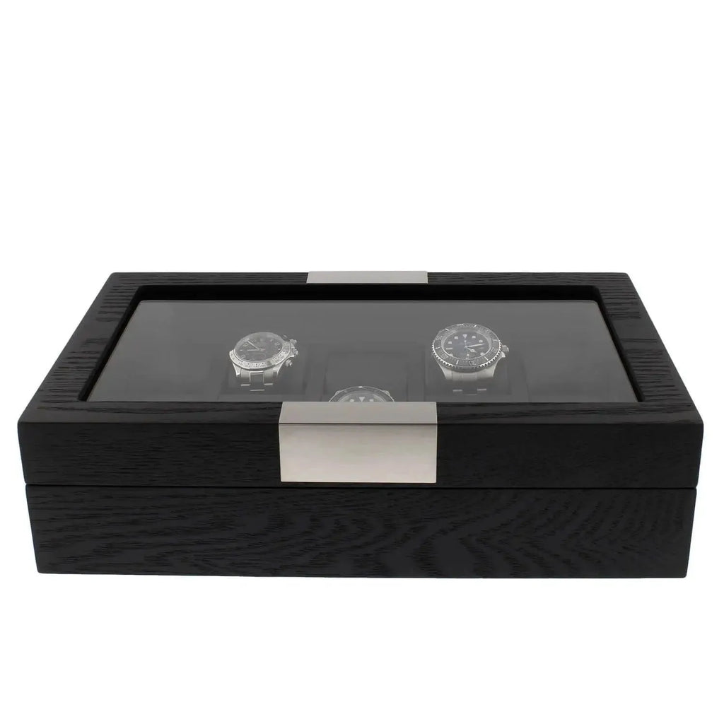 The 10 Watch Box Premium Black Oak Veneer by Tempus Luxury showcases up to ten watches with a glass top and silver accents—ideal luxury storage from Tempus Luxury Watch Winders.