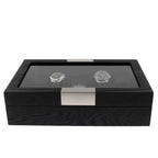 The 10 Watch Box Premium Black Oak Veneer by Tempus Luxury showcases up to ten watches with a glass top and silver accents—ideal luxury storage from Tempus Luxury Watch Winders.