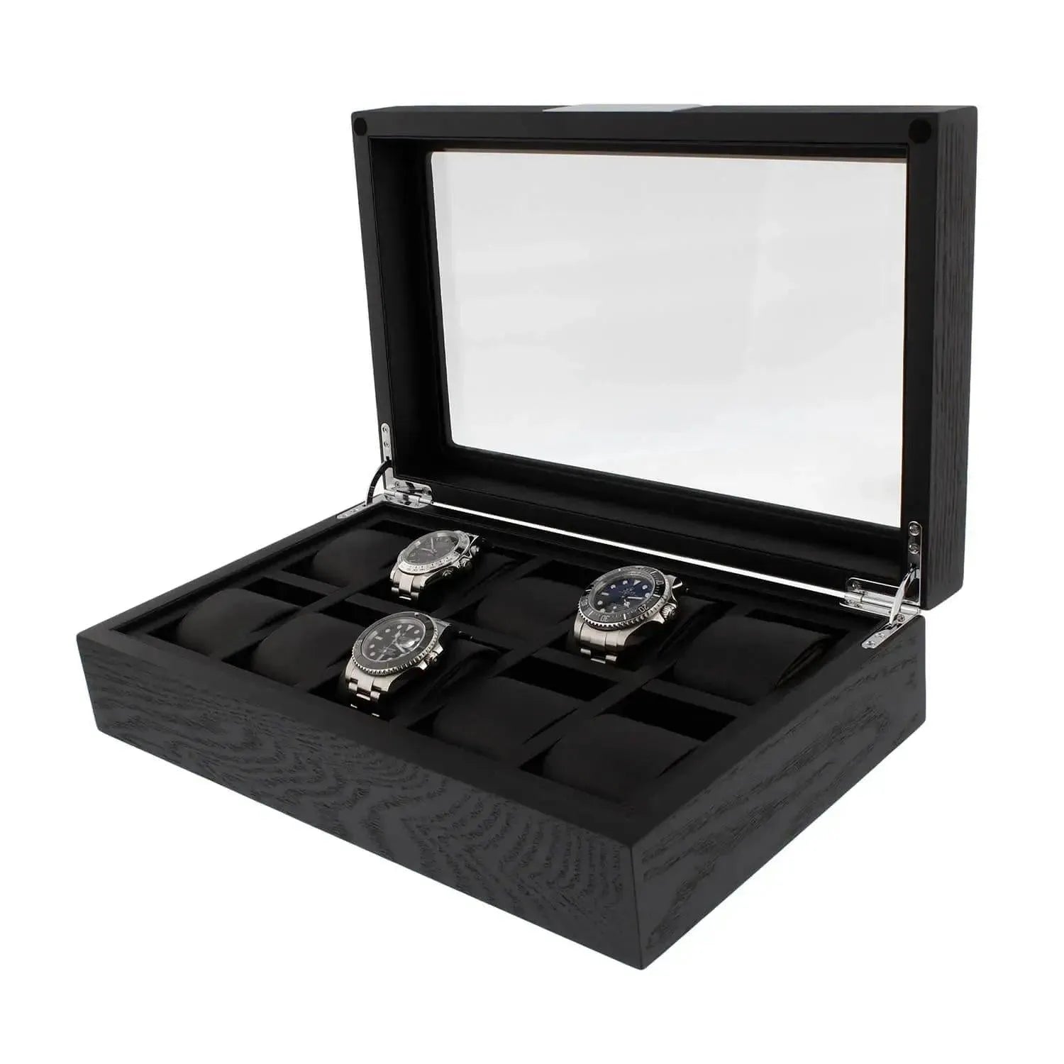The 10 Watch Box Premium Black Oak Veneer by Tempus Luxury is open, displaying three silver wristwatches. This Tempus Luxury Watch Winders box features a glass lid and several empty compartments for additional watches.