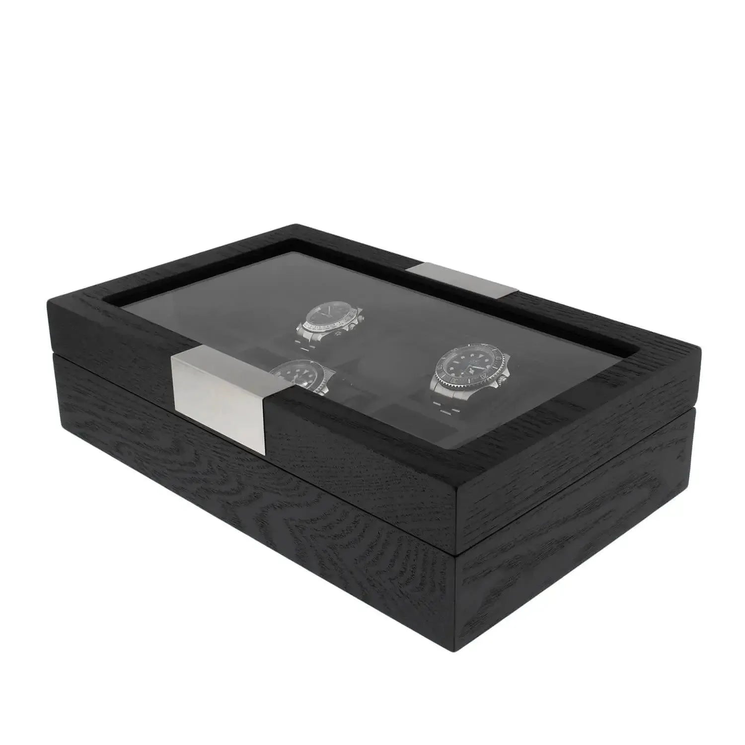 The Tempus Luxury Watch Winders 10 Watch Box Premium Black Oak Veneer features a glass lid and metal accents, elegantly displaying up to ten wristwatches for luxurious storage.