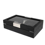 The 10 Watch Box Premium Black Oak Veneer by Tempus Luxury Watch Winders features a glass top and metallic front plaque, shown on a white background.