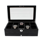 The Tempus Luxury Watch Winders 10 Watch Box Premium Black Oak Veneer with Extra Storage Drawer is open, showing nine compartments—three front ones display watches, while the back row is empty under a glass lid.