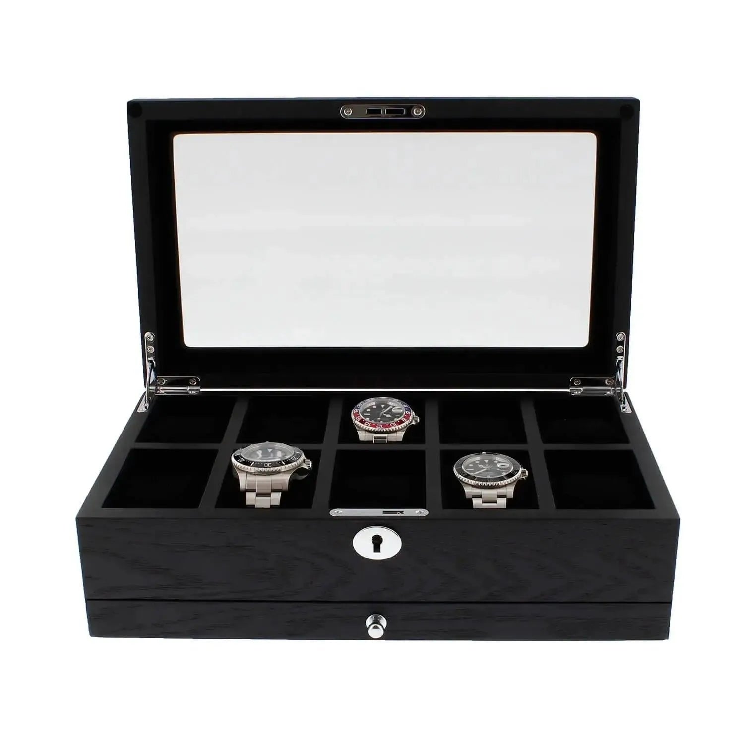 The Tempus Luxury Watch Winders 10 Watch Box Premium Black Oak Veneer with Extra Storage Drawer is open, showing nine compartments—three front ones display watches, while the back row is empty under a glass lid.