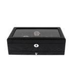 The Tempus Luxury Watch Winders 10 Watch Box in premium black oak veneer features a glass top for display, a secure key lock at the front, and an extra storage drawer for added convenience.