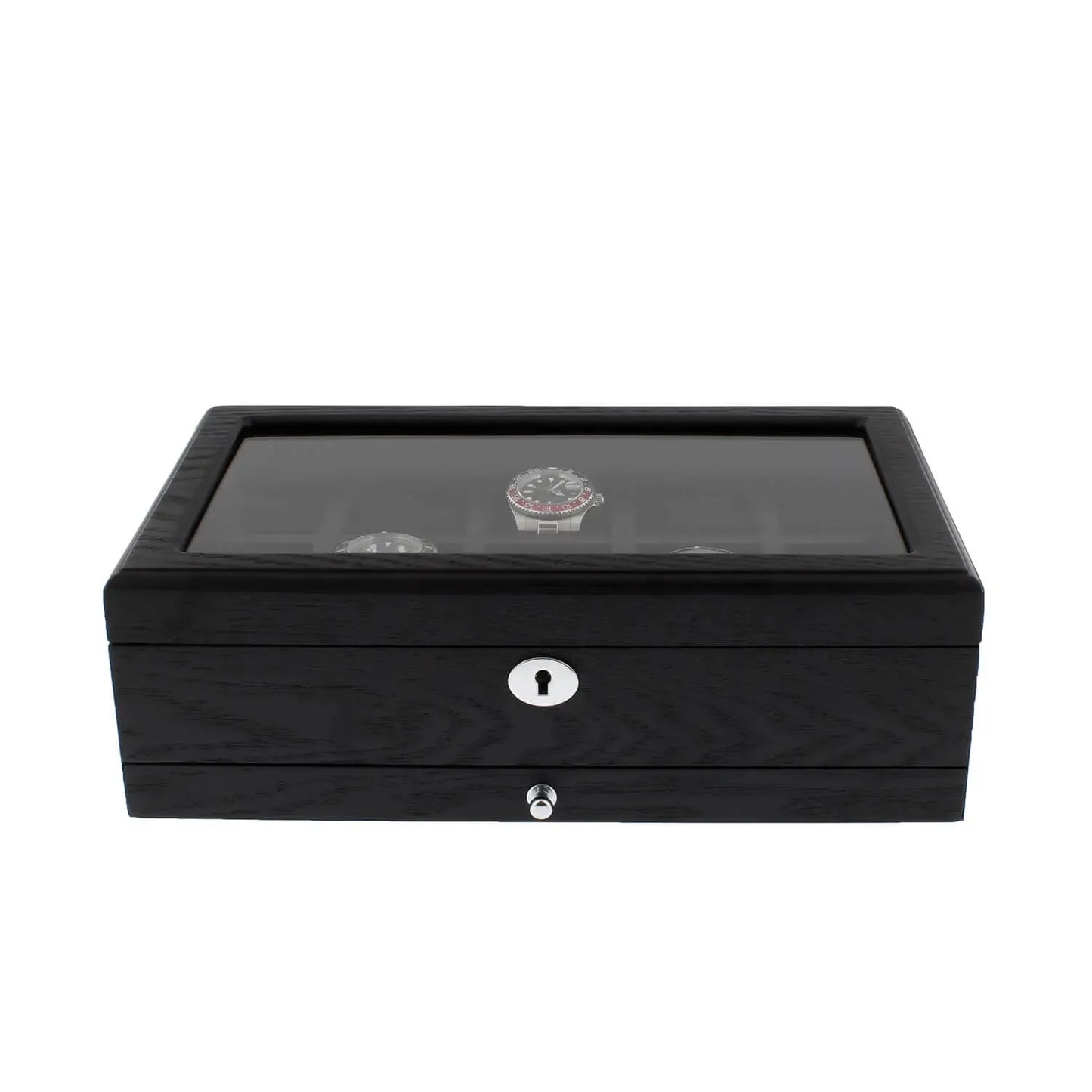 10 Watch Box Premium Black Oak Veneer with Extra Storage Drawer