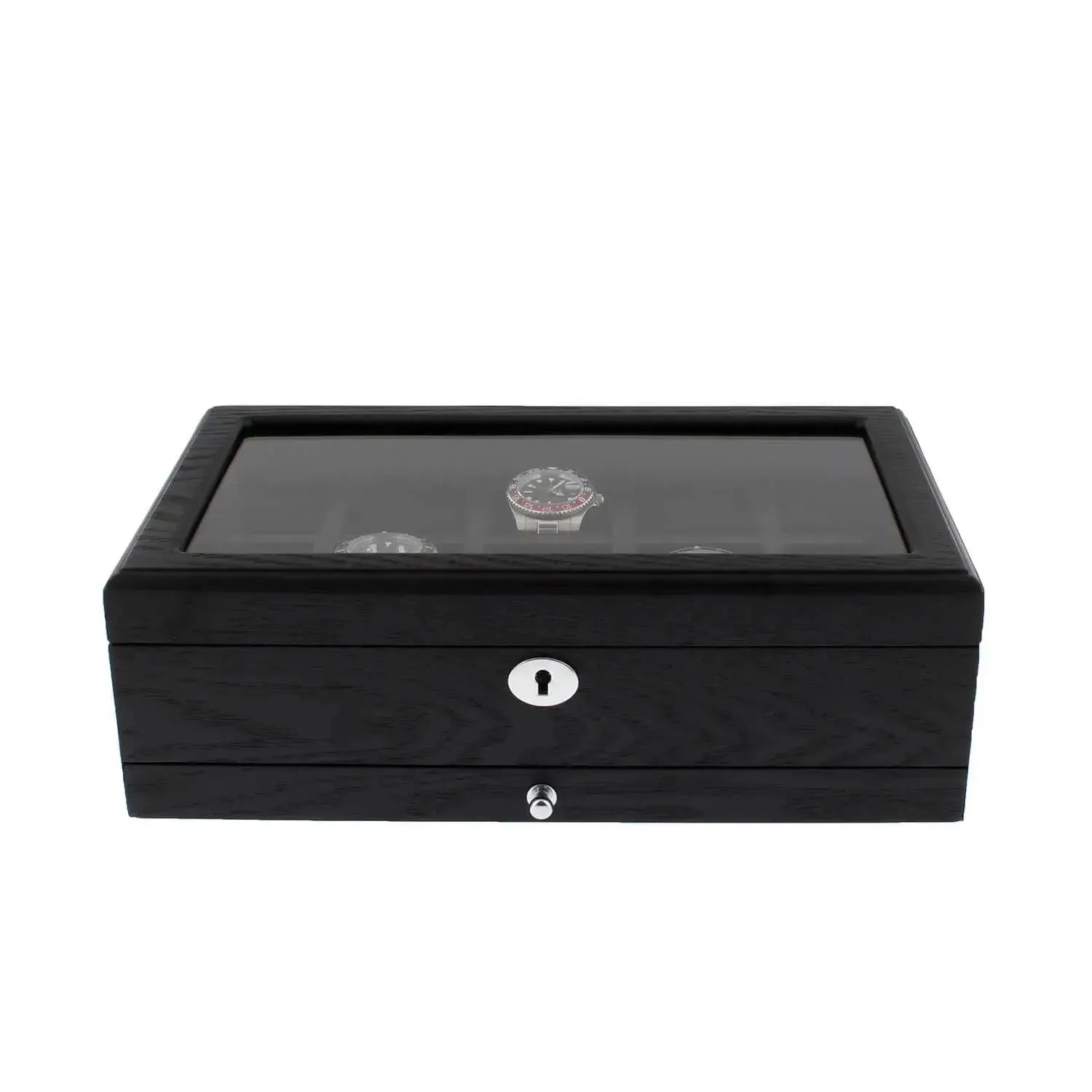 The Tempus Luxury Watch Winders 10 Watch Box in premium black oak veneer features a glass top for display, a secure key lock at the front, and an extra storage drawer for added convenience.