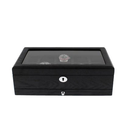 10 Watch Box Premium Black Oak Veneer with Extra Storage Drawer