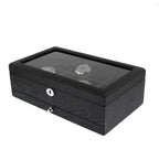 The Tempus Luxury Watch Winders 10 Watch Box, crafted in premium black oak veneer with a glass lid and secure keyhole, showcases your watches elegantly and features an extra storage drawer for added sophistication.