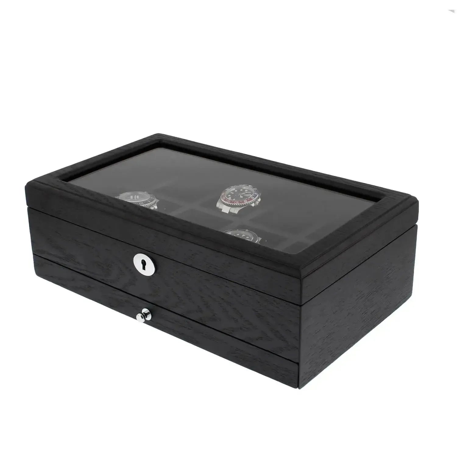 The Tempus Luxury Watch Winders 10 Watch Box, crafted in premium black oak veneer with a glass lid and secure keyhole, showcases your watches elegantly and features an extra storage drawer for added sophistication.