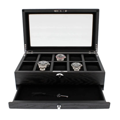 10 Watch Box Premium Black Oak Veneer with Extra Storage Drawer