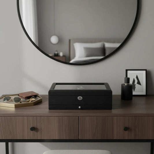 A wooden dresser with an oak veneer and two drawers holds sunglasses, a wallet, a Tempus Luxury Watch Winders 10 Watch Box Premium Black Oak Veneer with Extra Storage Drawer, a framed abstract picture, and a black bottle. A round mirror reflects a bed in the background.