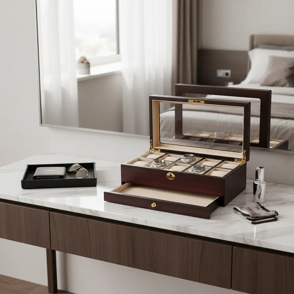 A Tempus Luxury Watch Winders 10 Watch Box with premium cherry wood satin finish and extra storage drawer sits open on a marble vanity beside a closed case with glasses, a watch, cologne, and cleaning cloth in this modern bedroom.