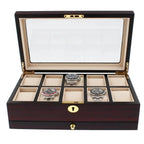 The Tempus Luxury Watch Winders 10 Watch Box features a premium cherry wood satin finish, glass lid, beige interior with ten compartments (three holding silver watches), and a gold clasp with keyhole for added elegance. Includes extra storage drawer.