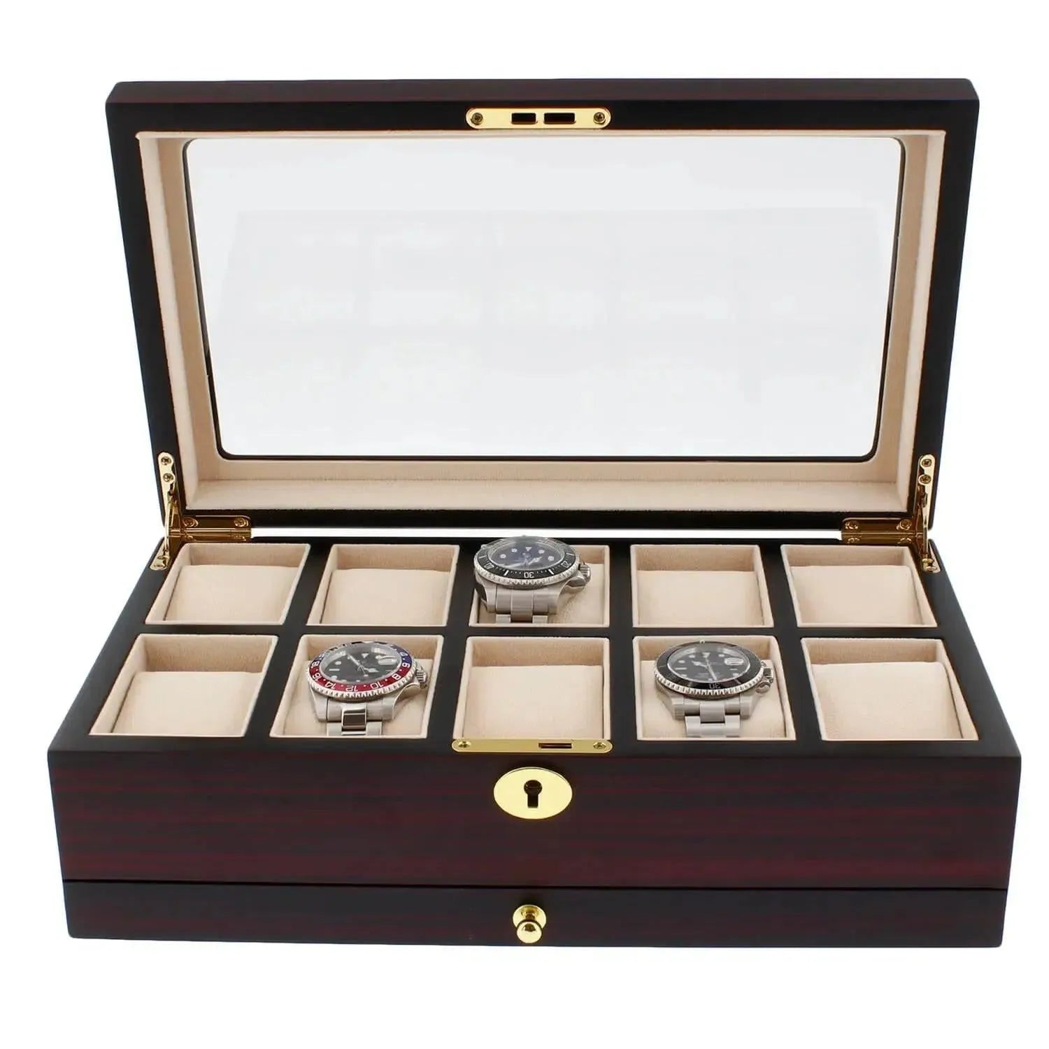 The Tempus Luxury Watch Winders 10 Watch Box features a premium cherry wood satin finish, glass lid, beige interior with ten compartments (three holding silver watches), and a gold clasp with keyhole for added elegance. Includes extra storage drawer.