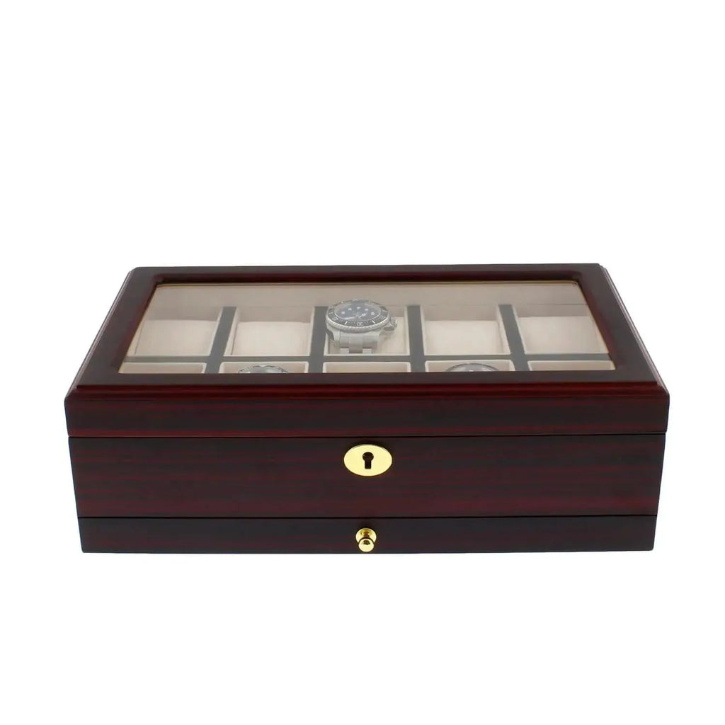The Tempus Luxury Watch Winders 10 Watch Box features a premium cherry wood satin finish, glass lid, gold lock, beige compartments for elegant display, and an extra storage drawer for your collection.