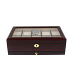 The Tempus Luxury Watch Winders 10 Watch Box features a premium cherry wood satin finish, glass lid, gold lock, beige compartments for elegant display, and an extra storage drawer for your collection.
