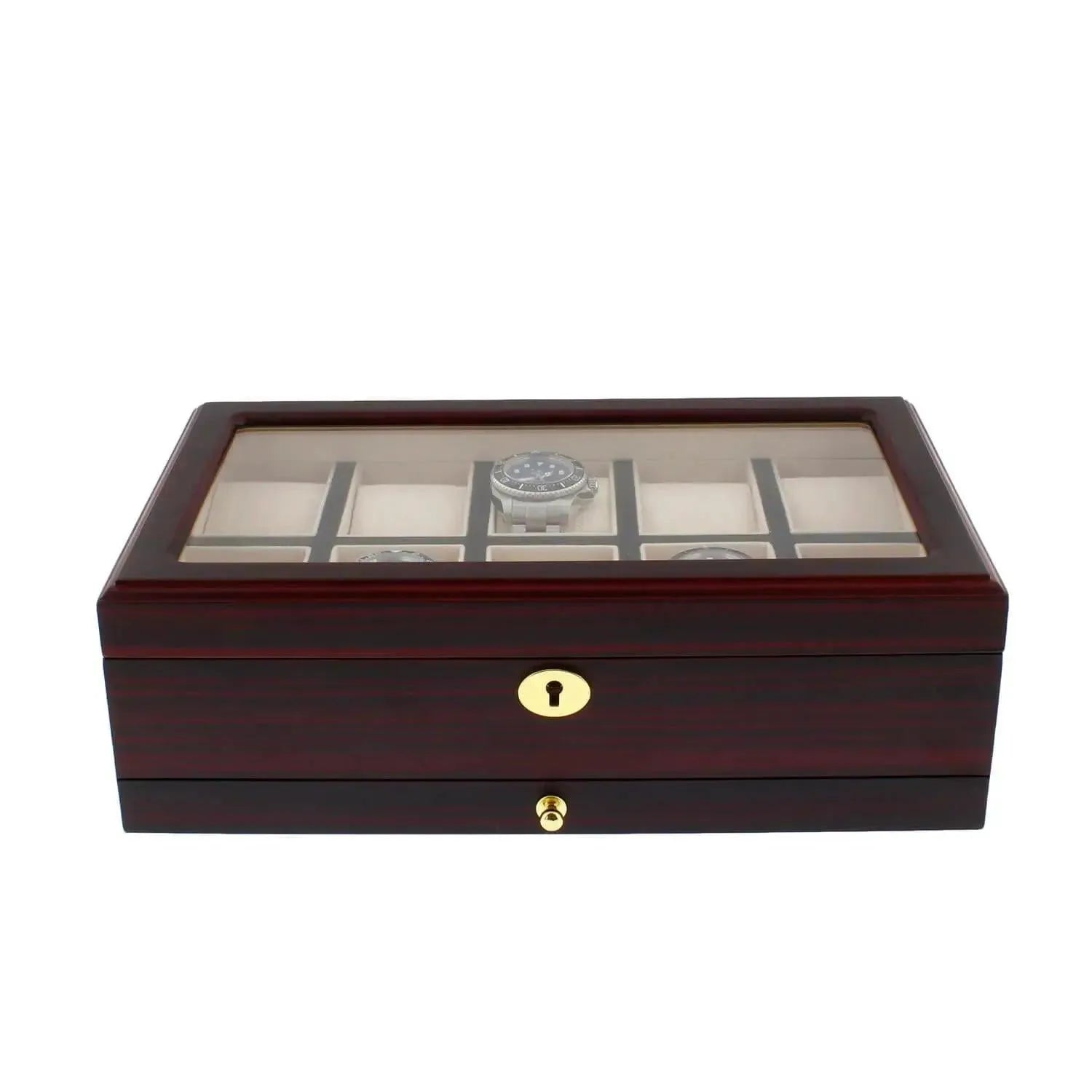 The Tempus Luxury Watch Winders 10 Watch Box features a premium cherry wood satin finish, glass lid, gold lock, beige compartments for elegant display, and an extra storage drawer for your collection.