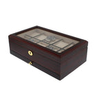 The Tempus Luxury Watch Winders 10 Watch Box features a premium cherry wood satin finish, glass top, gold keyhole, extra storage drawer, and gold knob accents for sophisticated storage of your watch collection.