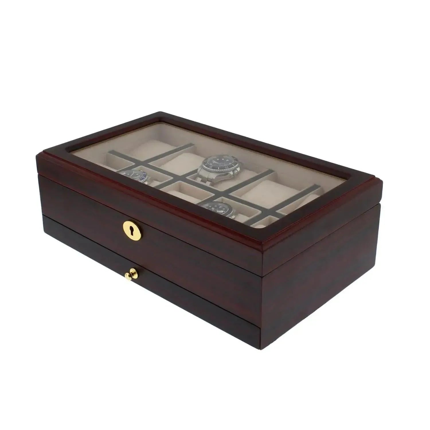 The Tempus Luxury Watch Winders 10 Watch Box features a premium cherry wood satin finish, glass top, gold keyhole, extra storage drawer, and gold knob accents for sophisticated storage of your watch collection.