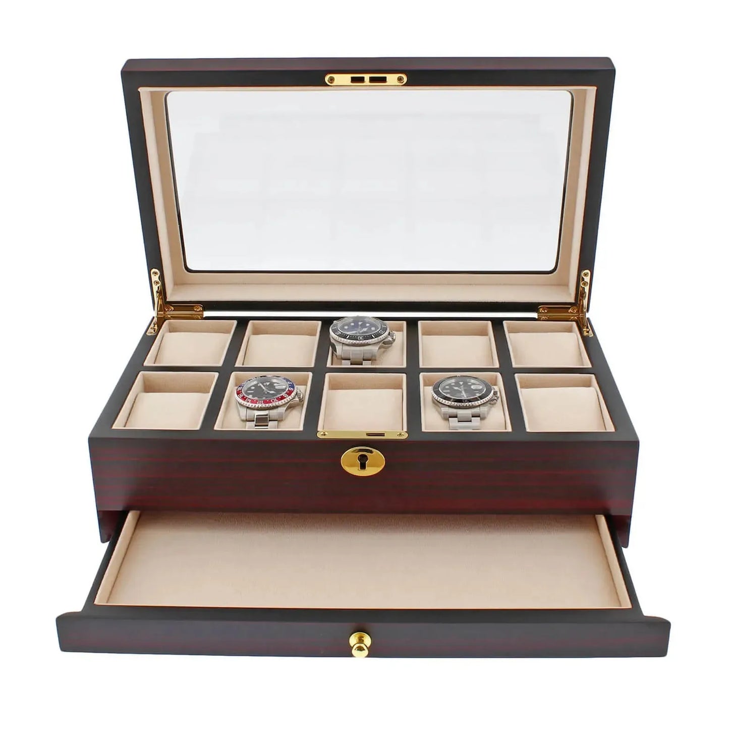10 Watch Box Premium Cherry Wood Satin Finish Watch Box Extra Storage Drawer