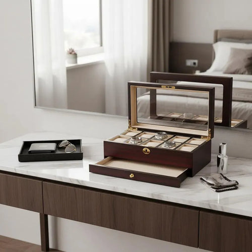 The Tempus Luxury Watch Winders 10 Watch Box, with a premium cherry wood satin finish and extra storage drawer, sits open on a marble vanity displaying watches; nearby are glasses, a black tray, bottle, and folded cleaning cloth.