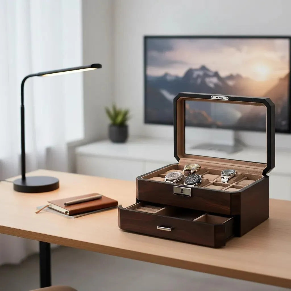 Dark walnut veneer 10-watch box with glass top, mink suedette interior, and open lower drawer on a desk.