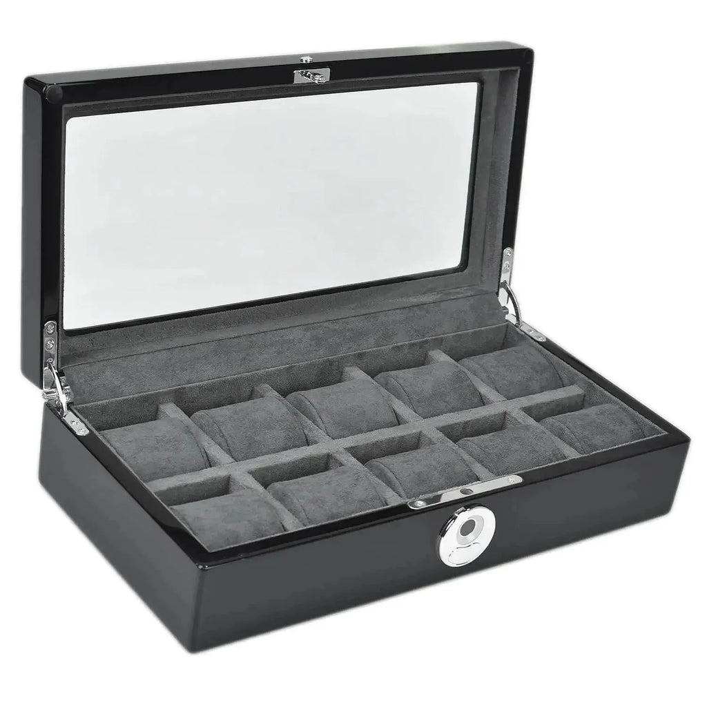 The Tempus Luxury Watch Winders 10 Watch Box in black piano finish features a biometric lock, glass lid, grey velvet interior, and ten padded compartments—offering secure storage and stylish display for your watch collection.