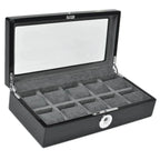 The Tempus Luxury Watch Winders 10 Watch Box in black piano finish features a biometric lock, glass lid, grey velvet interior, and ten padded compartments—offering secure storage and stylish display for your watch collection.