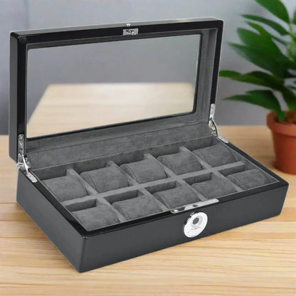 10 Watch Box in Black Piano Finish with BioMetric Lock and Glass Lid