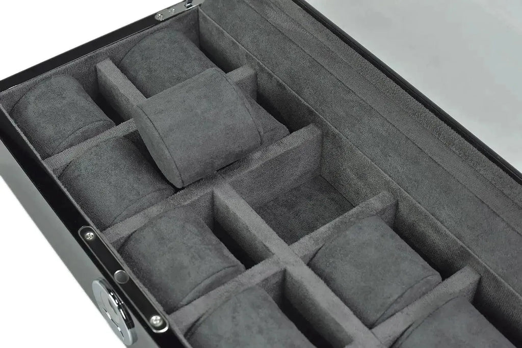 A close-up of the Tempus Luxury Watch Winders 10 Watch Box in Black Piano Finish with BioMetric Lock and Glass Lid, featuring soft grey cushioned compartments for secure watch storage.