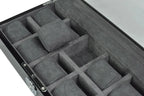 A close-up of the Tempus Luxury Watch Winders 10 Watch Box in Black Piano Finish with BioMetric Lock and Glass Lid, featuring soft grey cushioned compartments for secure watch storage.