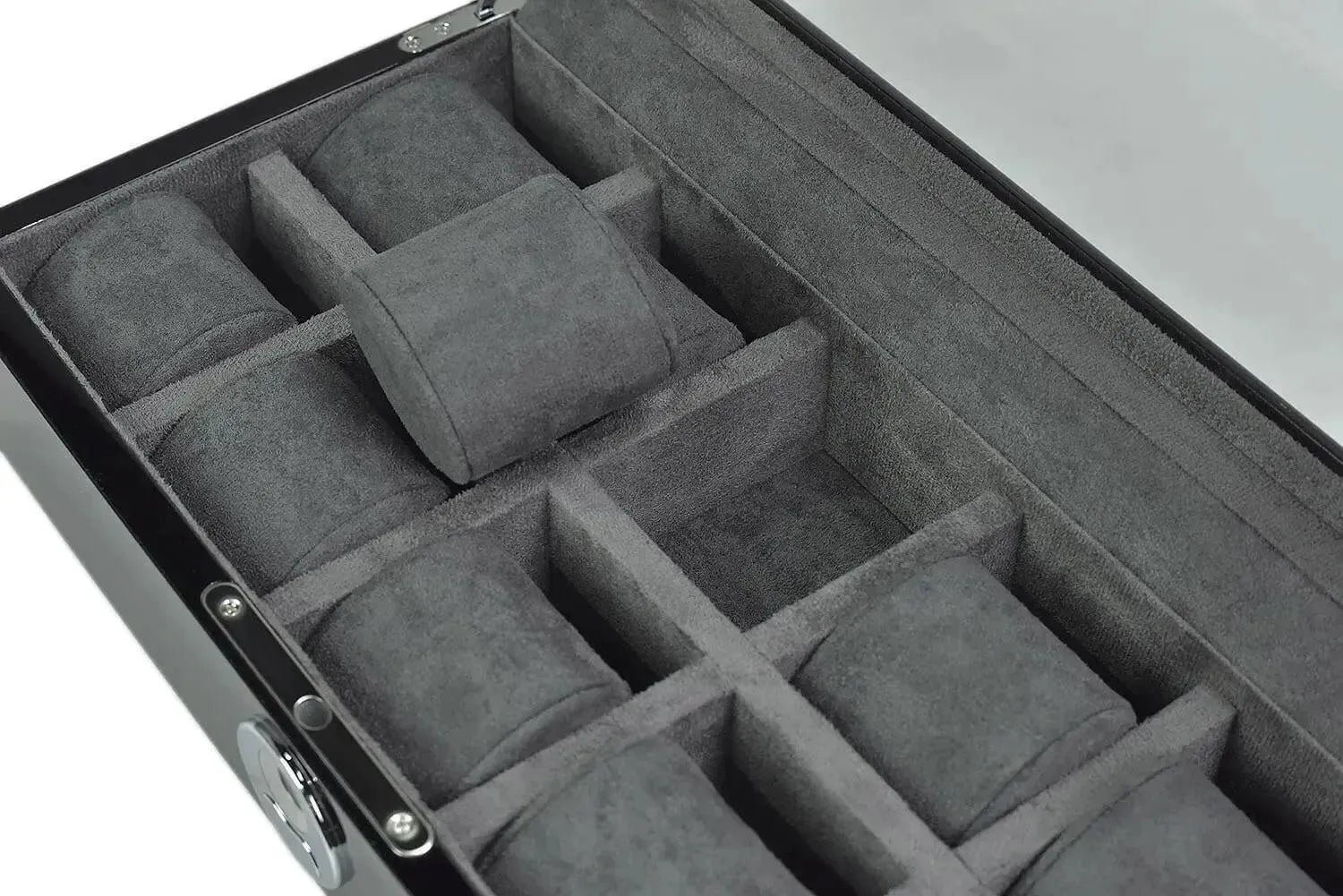 A close-up of the Tempus Luxury Watch Winders 10 Watch Box in Black Piano Finish with BioMetric Lock and Glass Lid, featuring soft grey cushioned compartments for secure watch storage.