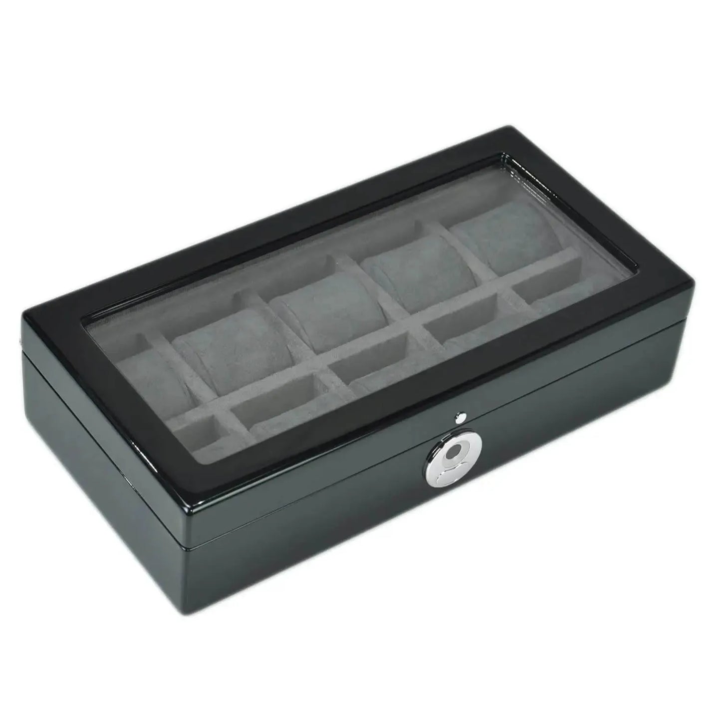 10 Watch Box in Black Piano Finish with BioMetric Lock and Glass Lid