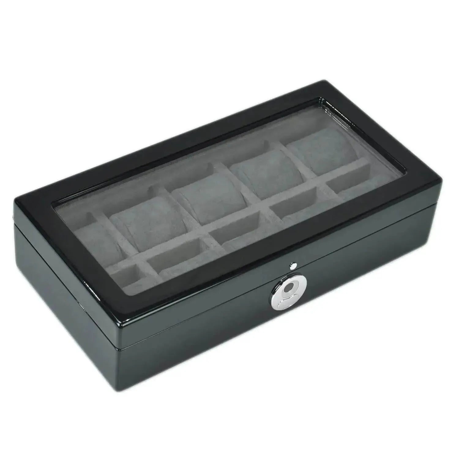 The Tempus Luxury Watch Winders 10 Watch Box in Black Piano Finish features a glass lid, ten gray-cushioned compartments, and a silver biometric lock for secure storage.